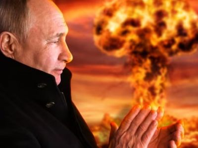 Путин и ядерный гриб. Иллюстрация: Tetiana Kolesnichenko (RFE/RL Graphics)